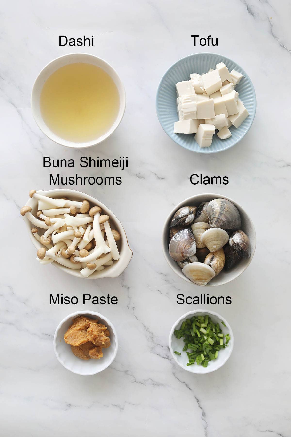 Ingredients for miso soup with clams.