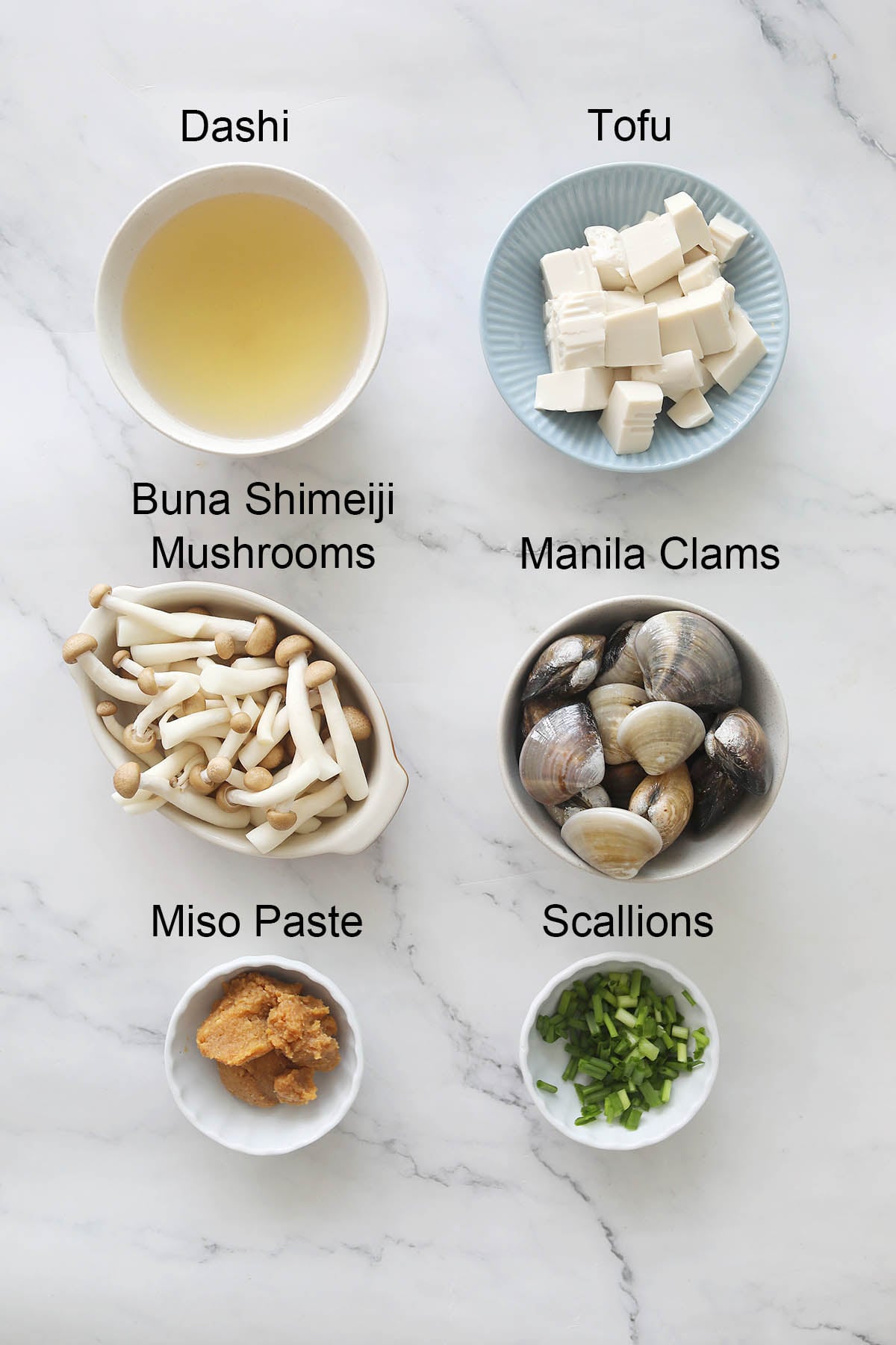 Ingredients for miso soup with clams.