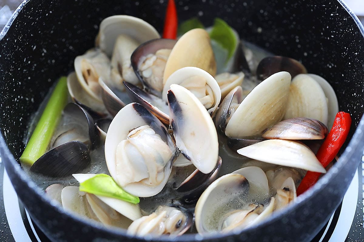 Thai style clams with coconut water and lemongrass in a pot.