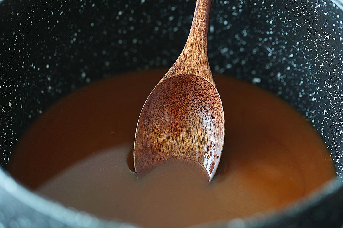 General Tso's sauce in saucepan.