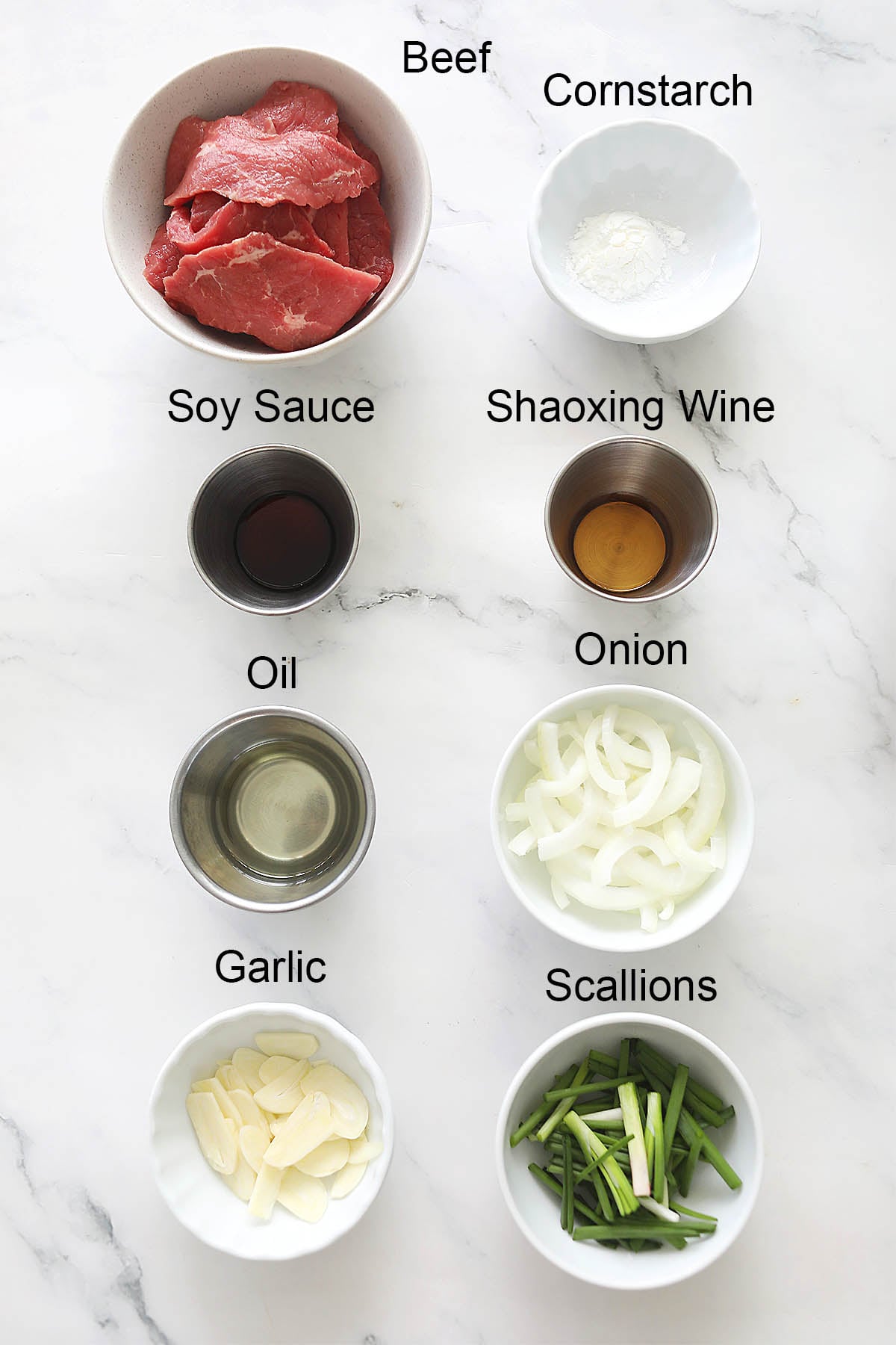 Ingredients for onion scallion beef.