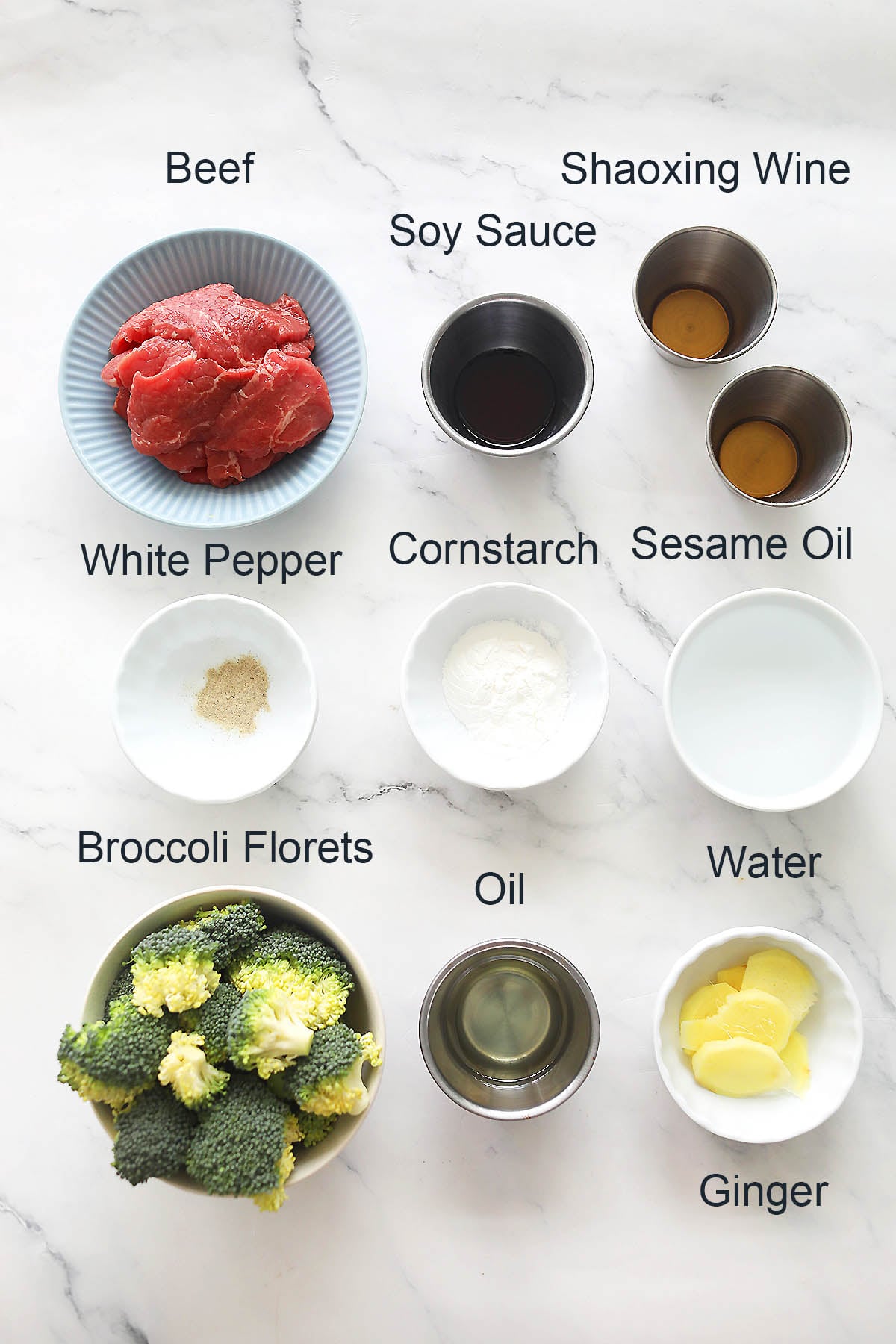 Ingredients for beef and broccoli.