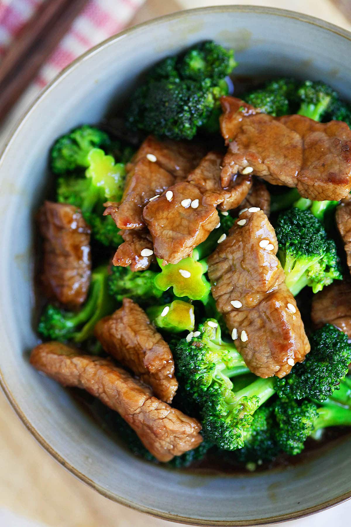 Beef and broccoli stir fry served in a bowl.