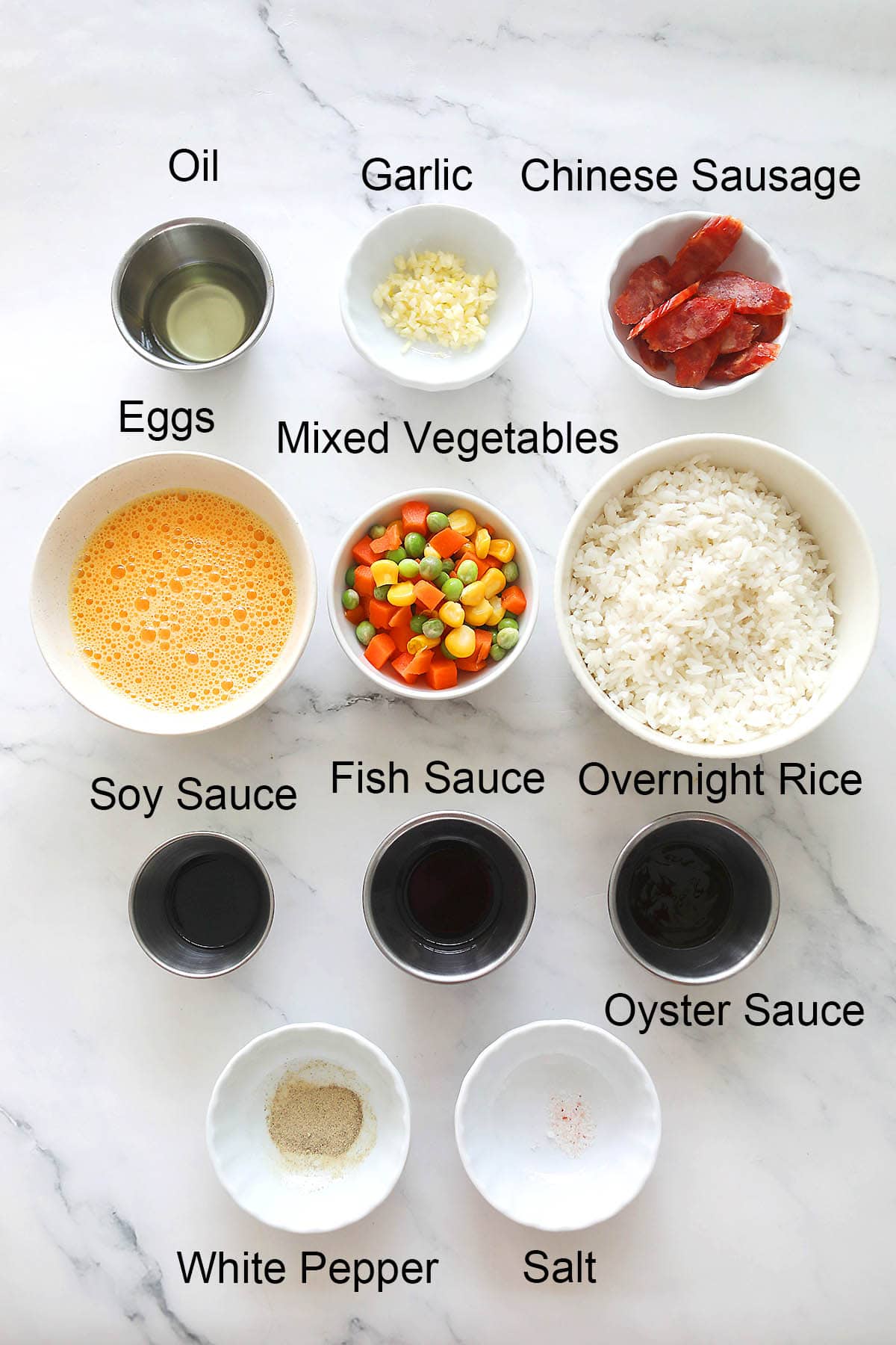 Ingredients for Chinese fried rice.