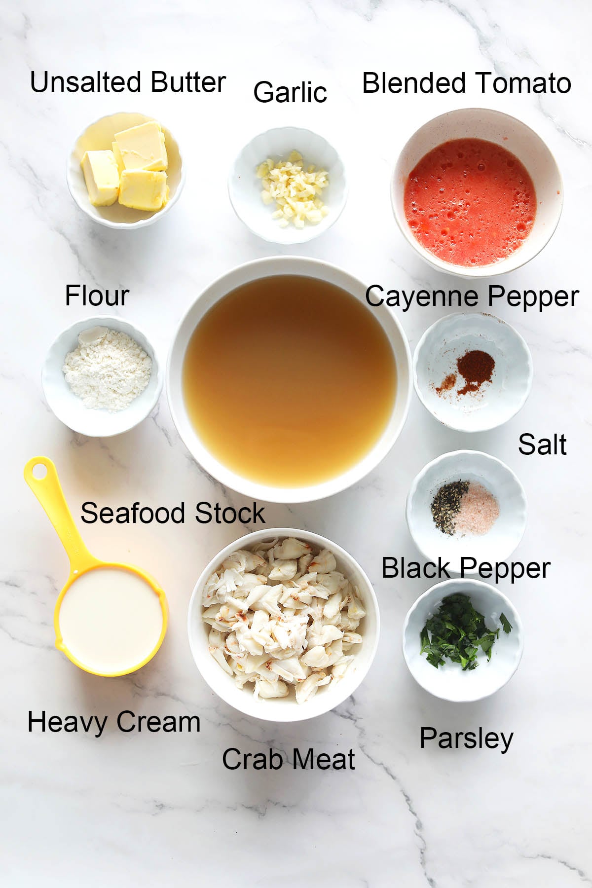Ingredients for crab bisque.
