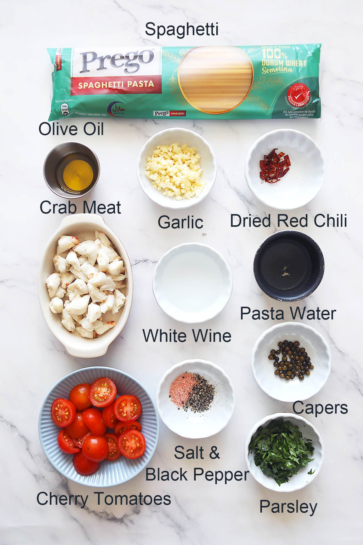 Ingredients for crab pasta.