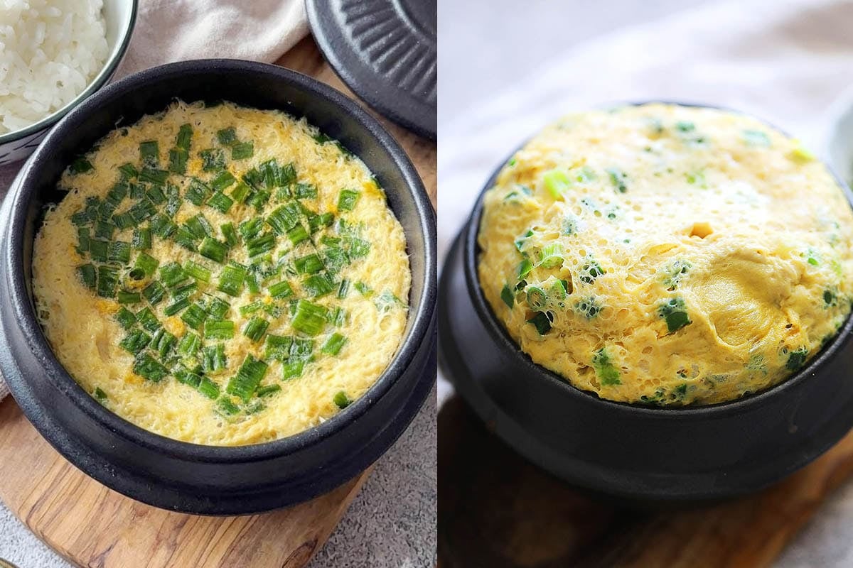 Left image shows flat Korean steamed eggs, right image shows fluffy Korean steamed eggs.