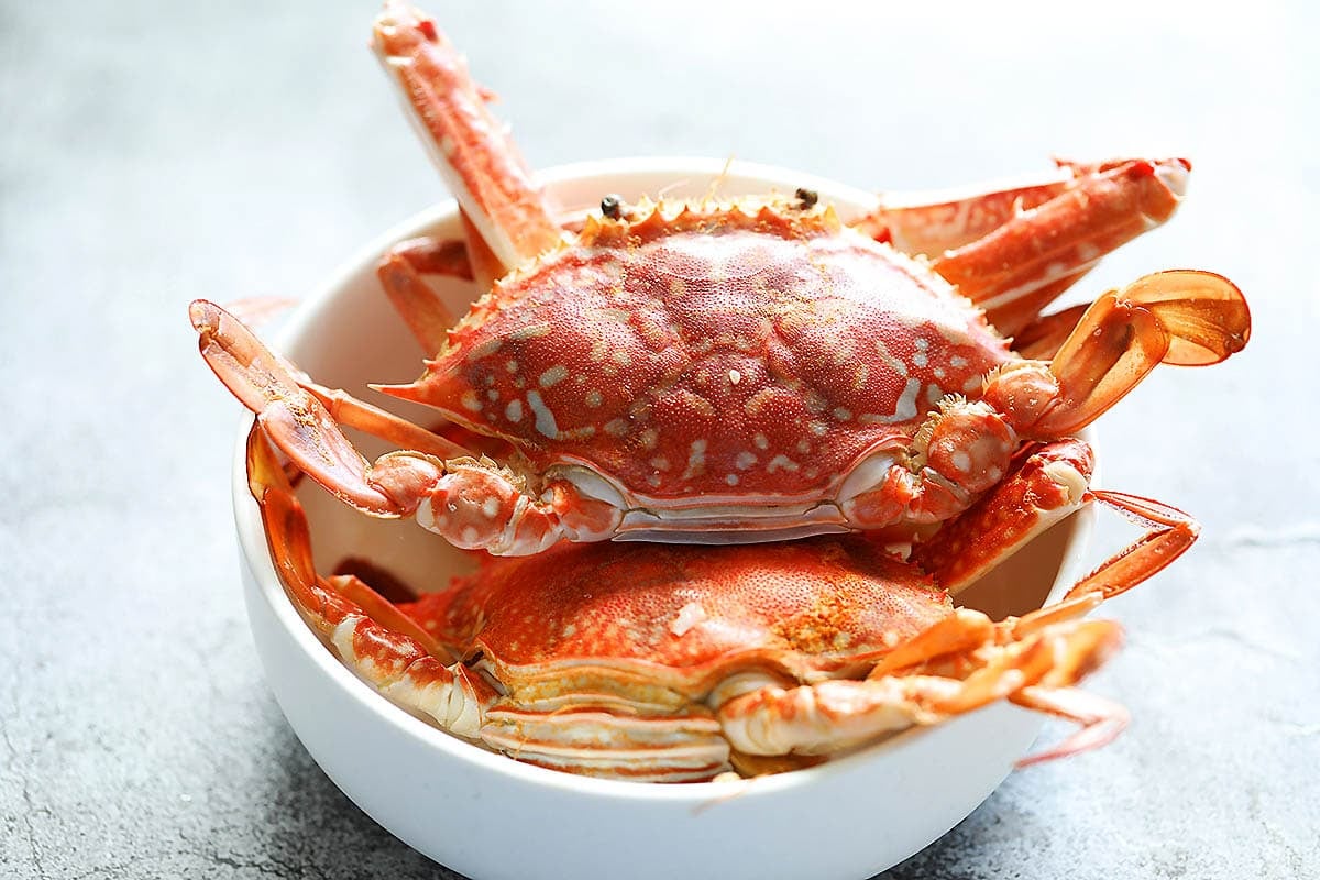 Cooked blue swimmers crabs in a bowl.