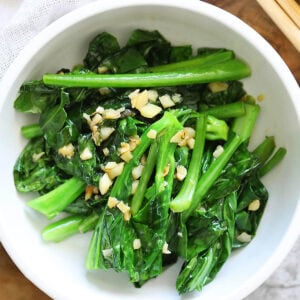 Gailan with oyster sauce served in a bowl.