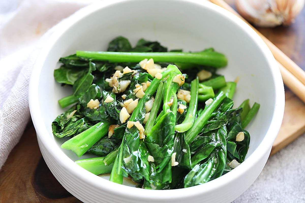 Chinese broccoli with oyster sauce stir-fried with garlic.