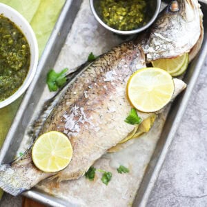 Salt baked fish served with Thai seafood sauce.