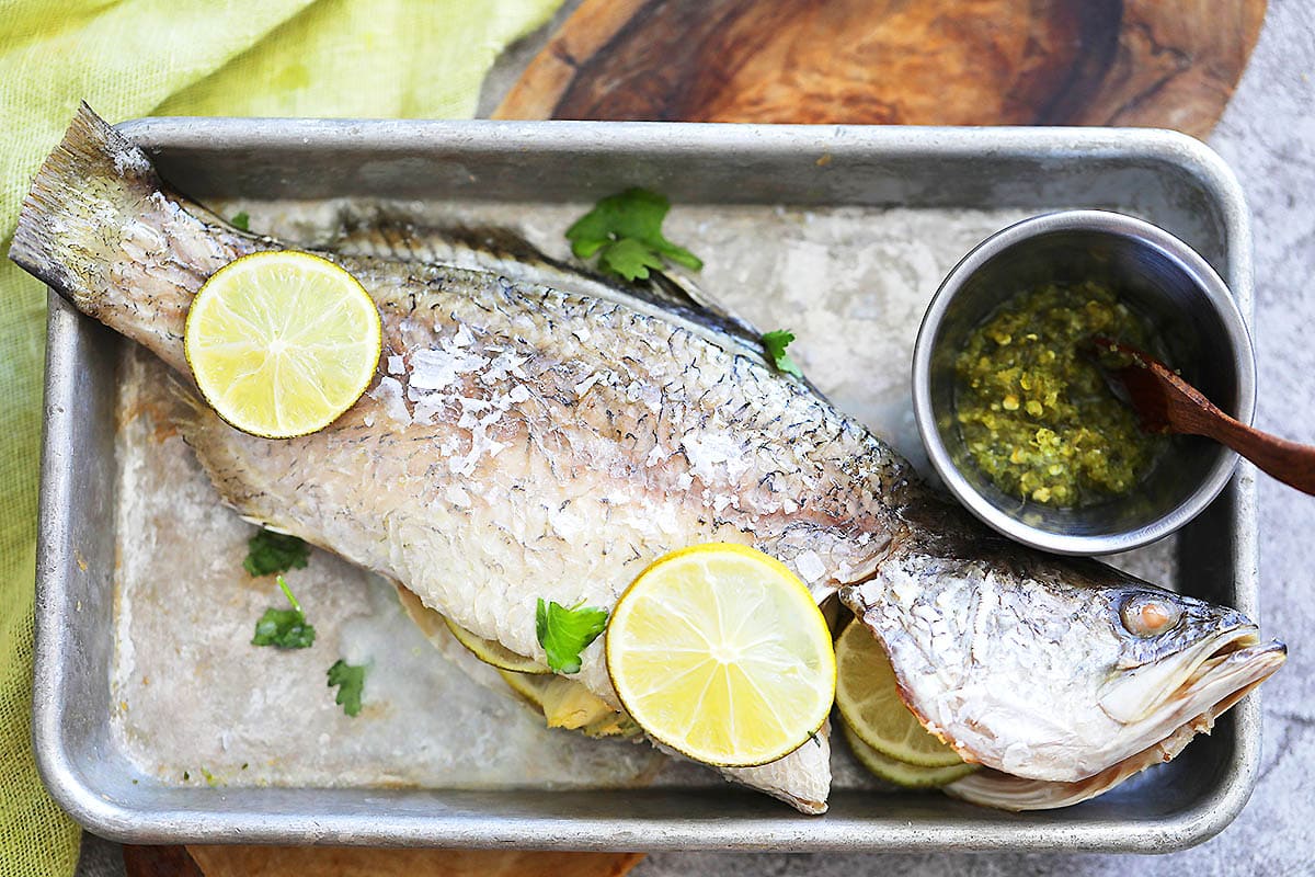 Thai salt baked fish served with Thai seafood sauce.