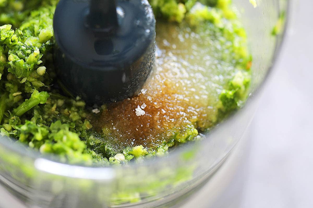 Blended garlic, cilantro, fish sauce, and sugar in a blender.
