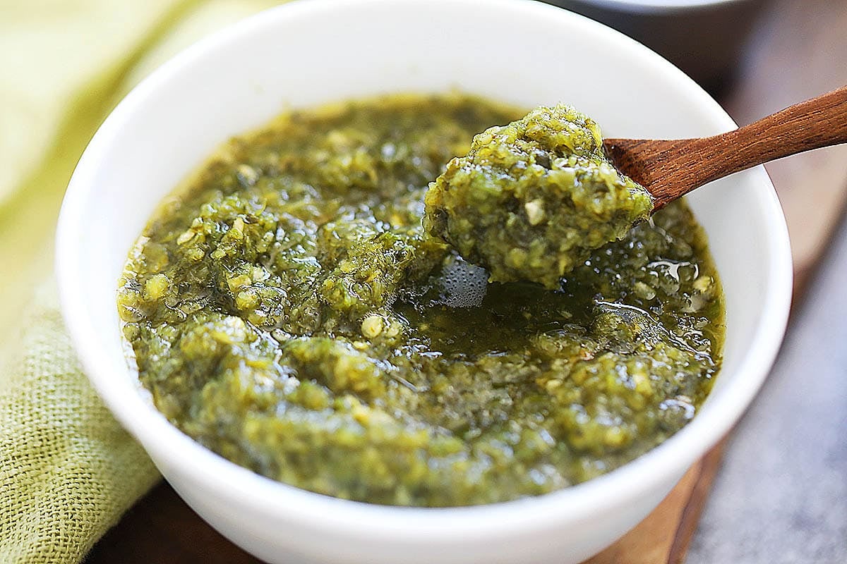 Green Thai seafood dipping sauce in a bowl.