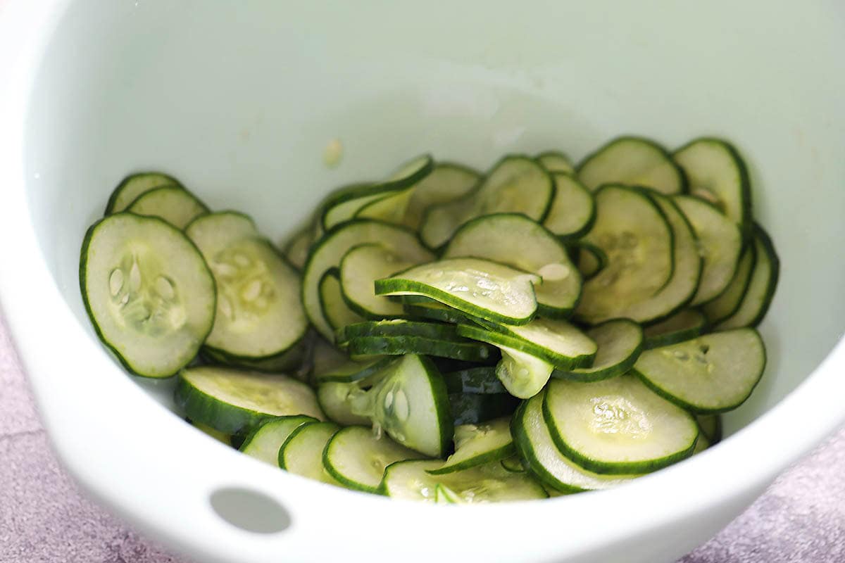 Salted cucumber in a bowl.