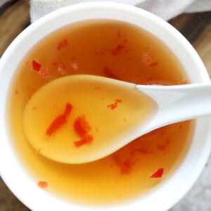 Vietnamese dipping sauce (nuoc cham) served in a bowl.