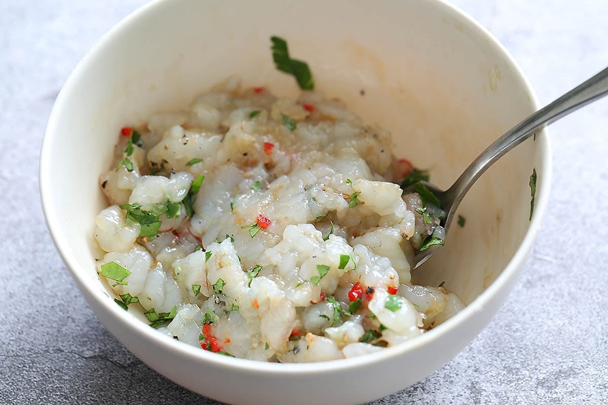 Filling for the shrimp cake in a bowl.