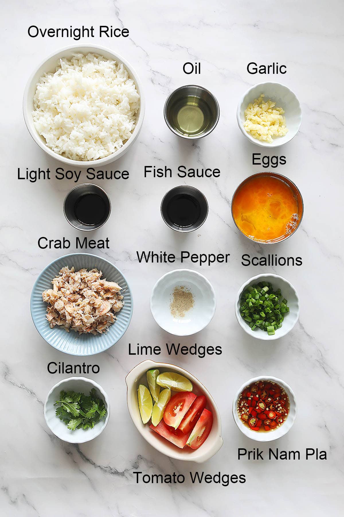 Ingredients for crab fried rice.