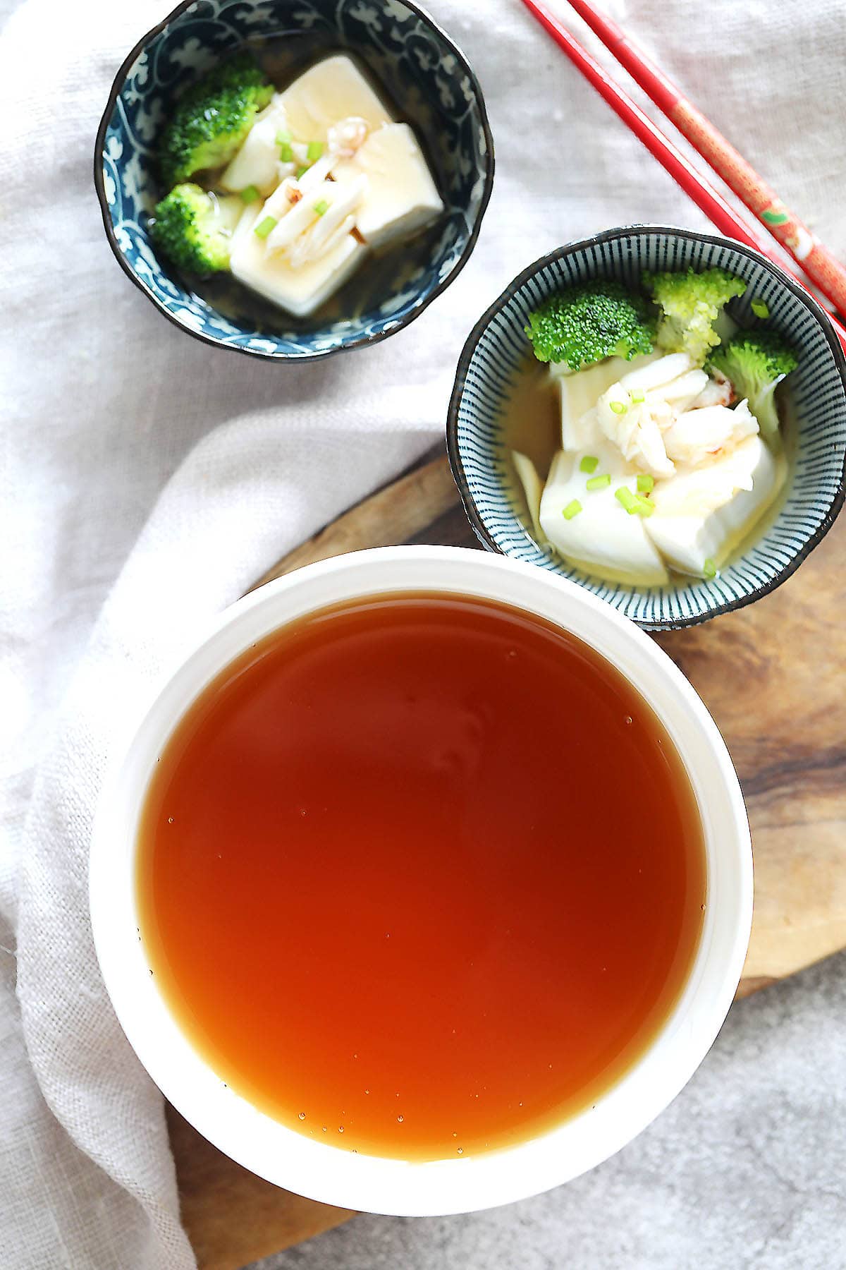 Homemade ankake sauce recipe served with steamed broccoli and silken tofu.