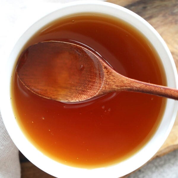Homemade dashi sauce (dashi ankake) in a bowl.