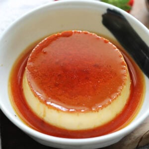 Flan dessert recipe served in a shallow dish.