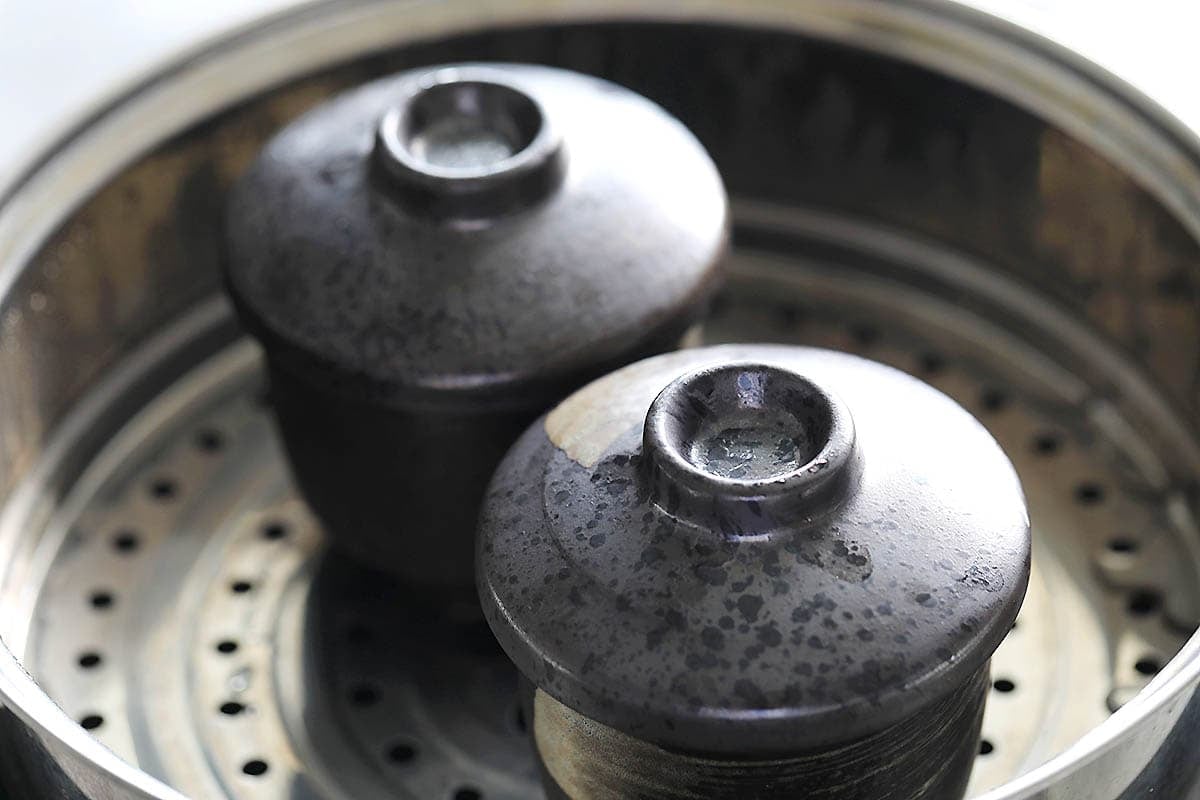 Chawanmushi cups in a steam basket.