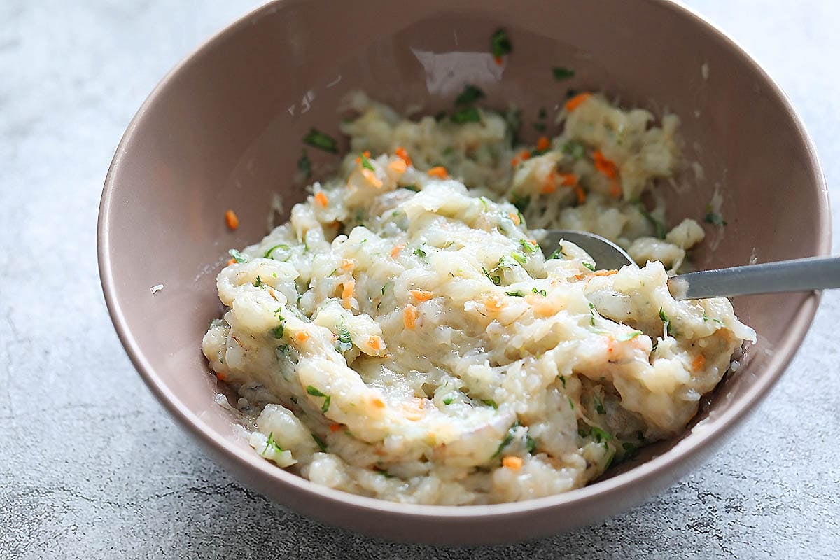 Shrimp mixture in a bowl.