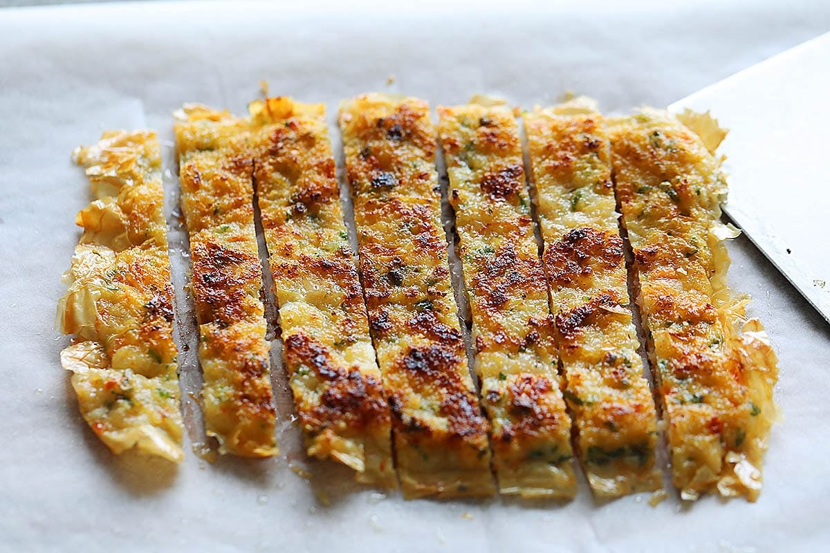 Prawn cake sliced into strips.
