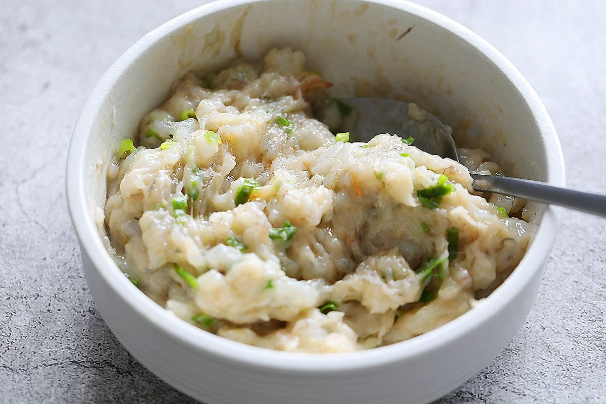 Shrimp filling in a bowl.