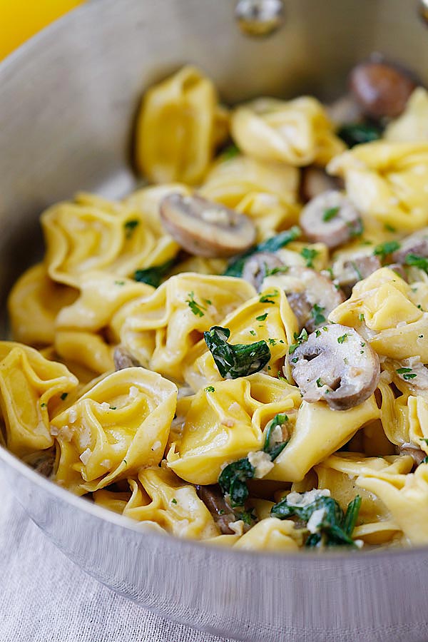 Easy Creamy Mushroom Tortellini in skillet.