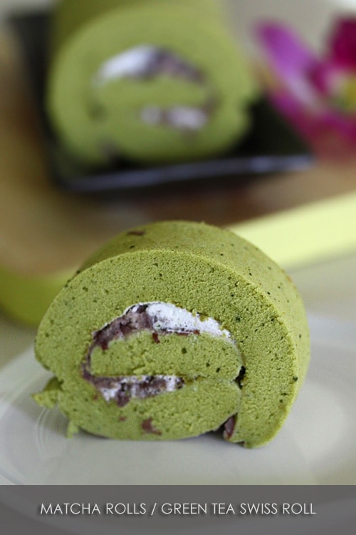 Matcha Swiss Roll (Roll Cake) 抹茶ロールケーキ with red bean paste fillings.