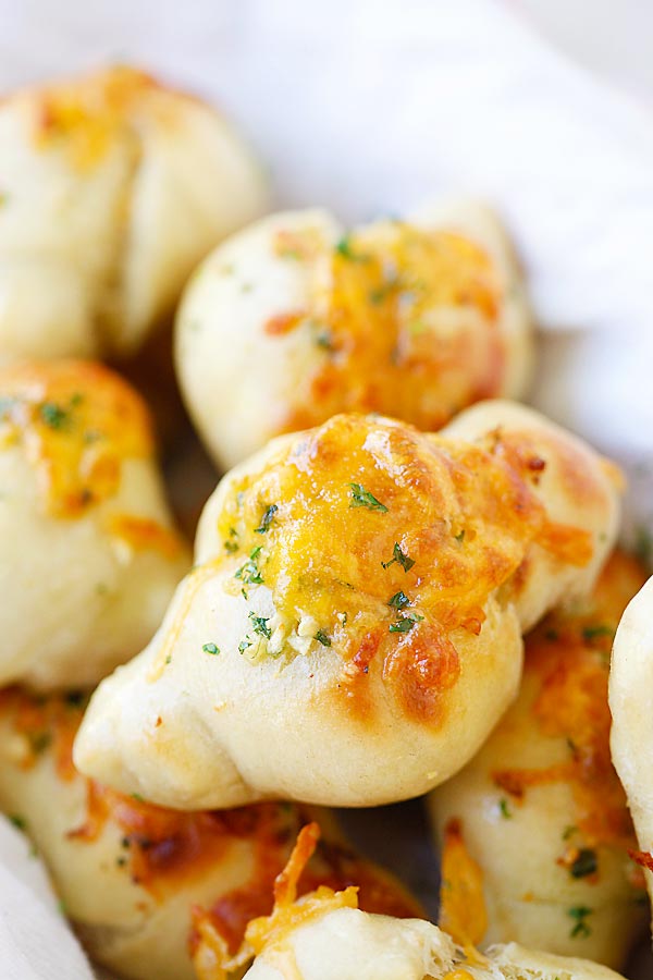 Easy Mini Cheddar Garlic Knots ready to serve.