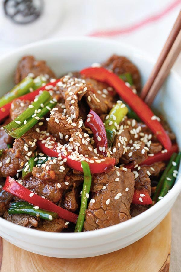 Easy and delicious beef stir-fry with soy sesame brown sugar sauce in a bowl.